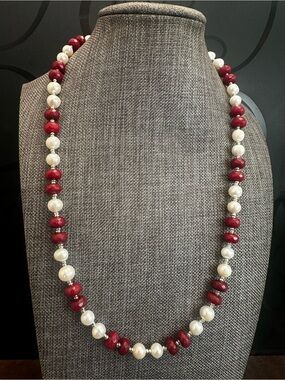 Pearl and Brazilian Ruby Bead Women's Necklace